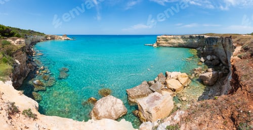 Preview: Picturesque Seascape With White Rocky Cliffs, Sea Bay, Islets And Faraglioni At Beach Spiaggia