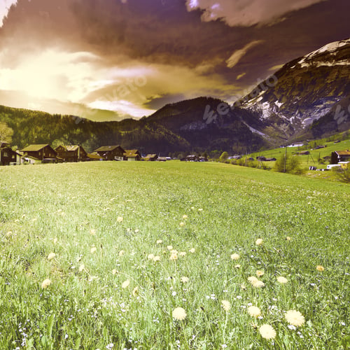 Preview: The Small Village High Up In The Swiss Alps At Sunset, Vintage Style Toned Picture