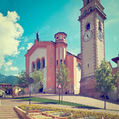 Preview: Church With Belfry In The Italian City Of Levico Terme, Instagram Effect