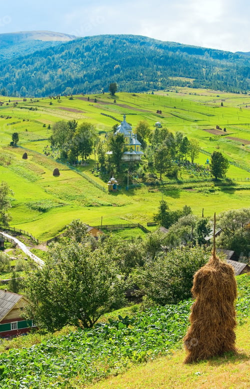 Preview: Beautiful Summer Mountain And Small Village Church On Mountainside (Carpathian. Ukraine)