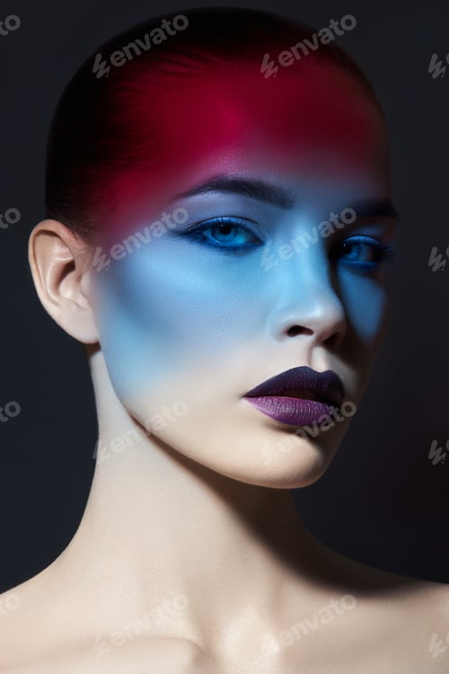Preview: Bright Contrasting Beauty Makeup Portrait Of A Woman In Blue And Red Shadow Tones. Perfect Clean