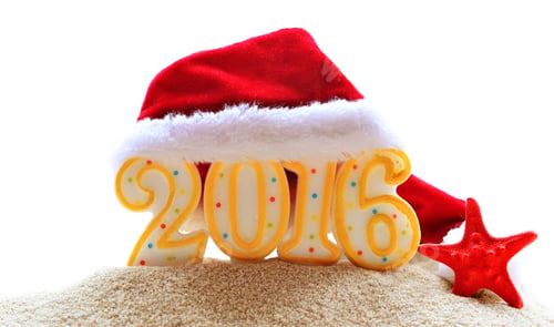 Preview: New Year 2016 Sign With Santa Claus Hat On Sand
