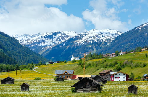Preview: Summer Alpine Mountain Country View With Grassy Meadow And Road To Village (Austria)