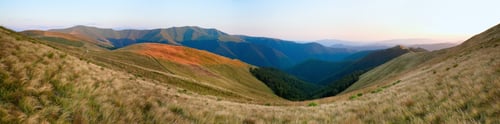 Preview: Summer Morning Mountain Landscape With Two Tourist Tent On Slope (Ukraine, Carpathian Mountains)