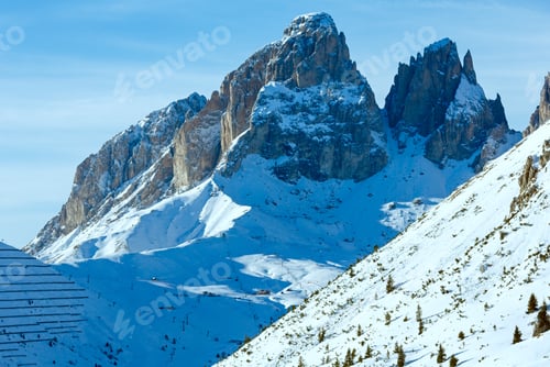 Preview: Beautiful Winter Mountain View From Pordoi Pass (Pass In The Dolomites In The Alps)