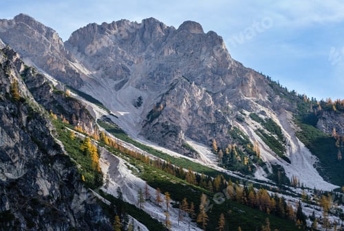 Preview: Colorful Autumn Evening Alpine Rock Scene. View From Hiking Path Near Lake Braies Or Pragser