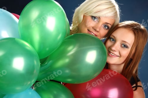 Preview: Portrait Of Two Girls With Balloons . Happy Emotions