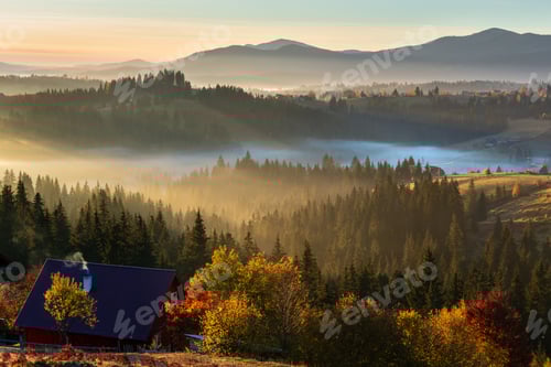 Preview: The Air. Early Morning Fog And First Morning Sun Rays Over The Autumn Slopes Of Carpathian