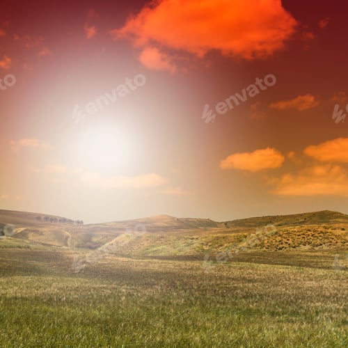 Preview: Sicilian Landscape At Sunrise, Hills, Fields, Flowers, Pasture And Sunlight