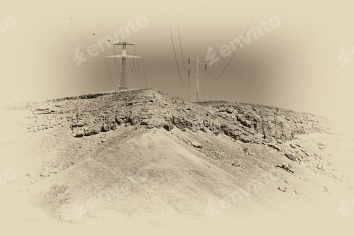 Preview: Desolate Infinity Of The Rocky Hills Of The Negev Desert In Israel. Electrical Power Lines On