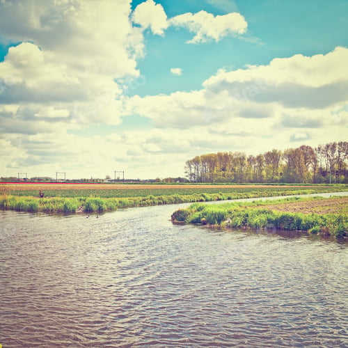 Preview: Irrigation Canal Between The Fields Of Tulips, Netherlands, Instagram Effect