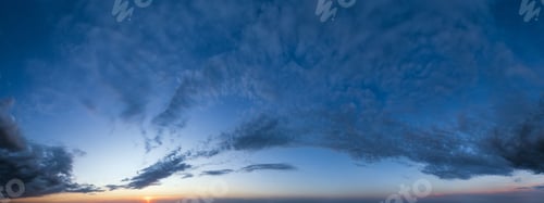 Preview: Fluffy Clouds In Evening Sunset Sky Panoramic View. Climate, Environment And Weather Concept