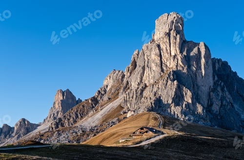 Preview: Italian Dolomites Mountain (Ra Gusela Rock In Front) Peaceful Sunny Evening View From Giau Pass