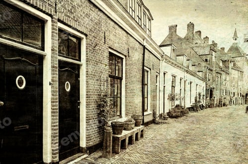 Preview: Typical Dutch Brick Houses In Holland. Street View With Bikes Parked In The Historical Center Of