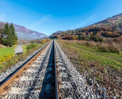 Preview: Autumn Carpathian Mountains Misty Landscape With Railroad Bridge And Village Outskirts (Rakhiv