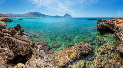 Preview: Azure Tyrrhenian Sea Picturesque Rocky Bay, Monte Cofano Mount And Santa Margherita Beach View