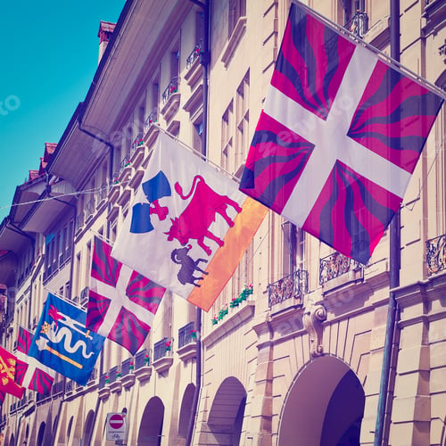 Preview: Street Decorated With Flags In Berne, Switzerland, Instagram Effect