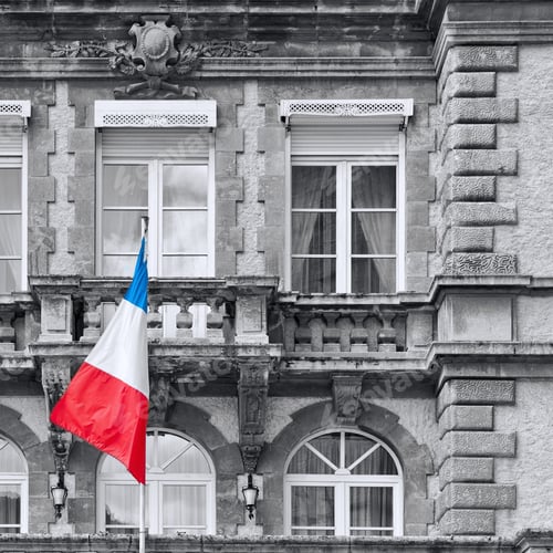 Preview: French Flag At Facade Of Historic Building In The City Of Mende, Retro Image Filtered Style