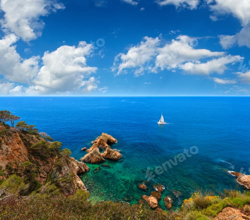 Preview: Summer Sea Rocky Coast Landscape With Sailing Catamaran, Costa Brava, Spain. View From Above.