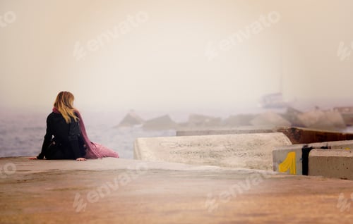 Preview: A Woman Looking At The Sea And Wondering About The Past. Image Has A Vintage Effect.
