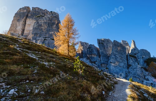 Preview: Sunny Autumn Alpine Dolomites Rocky Mountain Scene, Sudtirol, Italy. Cinque Torri (Five Pillars Or