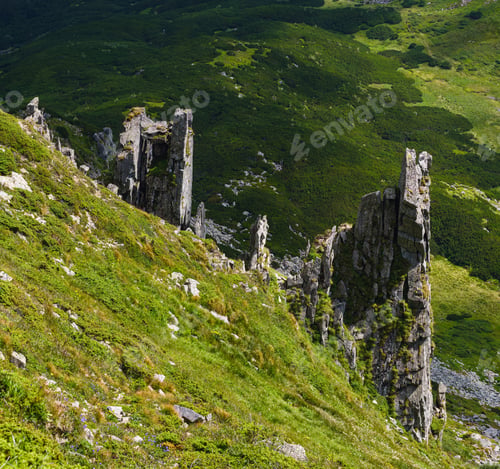 Preview: Summer Mountain Slope With Picturesque Rock Formations. Shpyci Mountain, Carpathian, Ukraine.