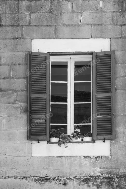 Preview: Building With Traditional Maltese Window Decorated With Fresh Flowers In Valletta. Black And White