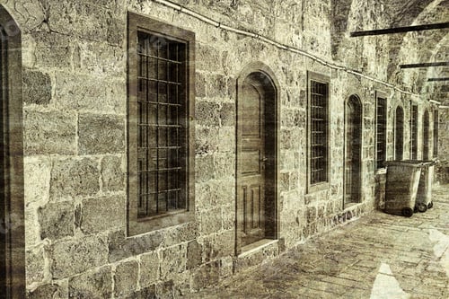 Preview: Arched Gallery Of Mosque Viewed From Paved Courtyard. Doors And Windows In The Old City Of Akko In
