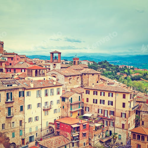 Preview: Bird'S Eye View To Historic Center City Of Perugia In Italy, Retro Effect