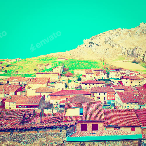 Preview: Spanish Medieval City On The Background Of Rocky Mountains, Instagram Effect