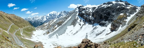 Preview: Summer Stelvio Pass Panorama With Snow On Mountainside And Serpentine Road (Italy)