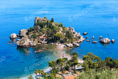 Preview: Taormina Isola Bella Beach And Isola Bella Islet View From Up, Sicily, Italy. Summer Sicilian