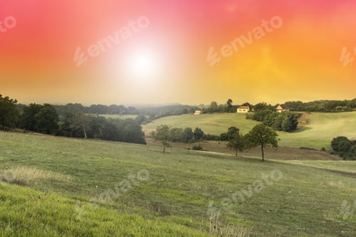 Preview: Meadows In The French Limousin Early In The Morning. Landscape In France At Sunrise, Hills, Fields