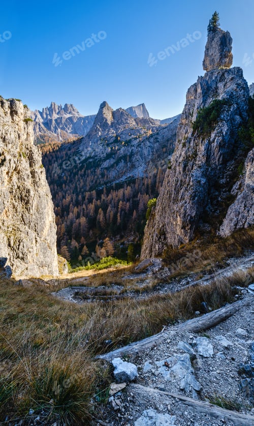 Preview: Sunny Picturesque Autumn Alpine Dolomites Rocky Mountain View From Hiking Path From Giau Pass To