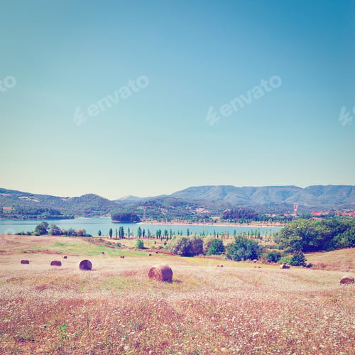 Preview: Lake Bilancino On The Background Of Italian Alps, Retro Effect