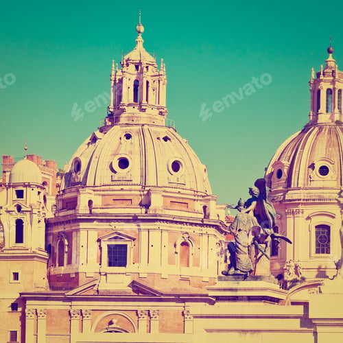 Preview: Domes Of Catholic Cathedrals In Rome, Retro Effect