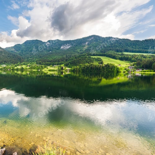 Preview: Austrian Landscape With Forests, Meadows, Fields And Pastures Surrounding The Lake Grunlsee On The