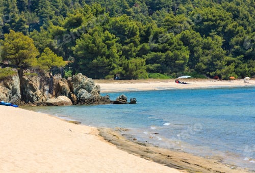 Preview: Summer Aegean Sea Coast Landscape With Sandy Beach (Sithonia, Halkidiki, Greece). People