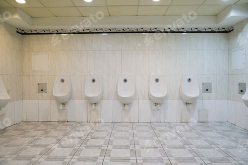 Preview: Public Men'S Toilet With Wall Urinals And Closed Cabins, Men'S Wall Urinals