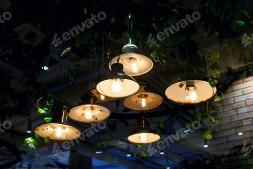 Preview: Retro Pendant Lanterns With Round Rusty Lights And Edison Lamp With Warm Glow Hung On Ceiling With