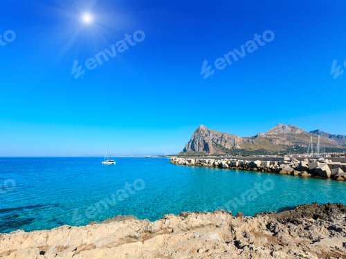 Preview: San Vito Lo Capo Sunshiny Beach With Clear Azure Water And Monte Monaco In Far, North-Western