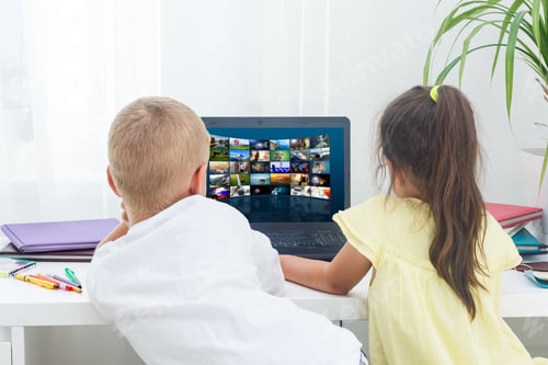 Preview: Home, Leisure, Technology And Internet Concept - Little Student Girl With Laptop Computer At Home