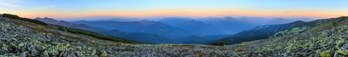 Preview: Ihrovets Mount (Gorgany) Slope Panorama With Scree. Summer Daybreak Misty Top View (Carpathians