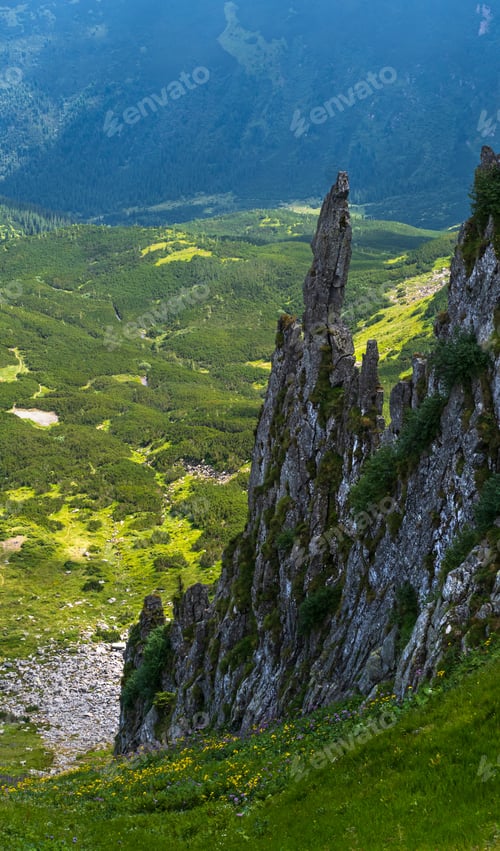 Preview: Summer Mountain Slope With Picturesque Rock Formations. Shpyci Mountain, Carpathian, Ukraine.