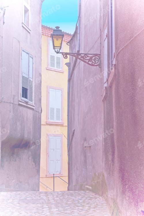 Preview: Narrow, Deserted Street In A French Town During Quarantine In Faded Color Effect