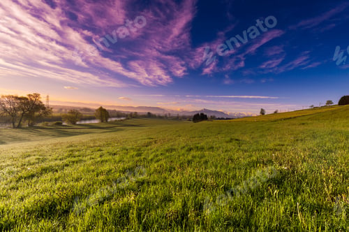 Preview: Pasture On The Background Of Snow-Capped Alps In Switzerland At Sunset. Swiiss Landscape With