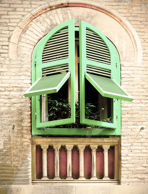 Preview: Italian Style Window With Wooden Shutters Decorated With Fresh Flowers. Vintage Style
