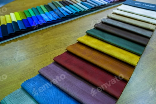 Preview: Colorful Fabric Swatches for Design on Wooden Surface