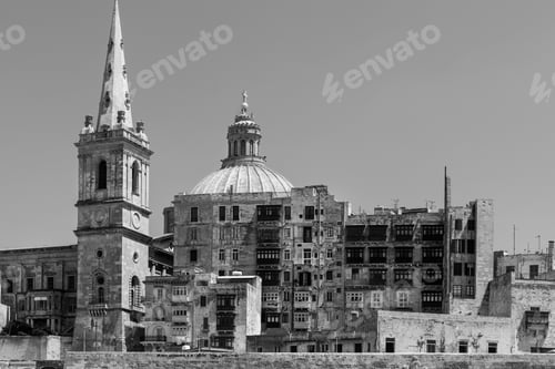 Preview: Cityscape View With Basilica Of Our Lady Of Mount Carmel On The Island Of Malta. Buildings With