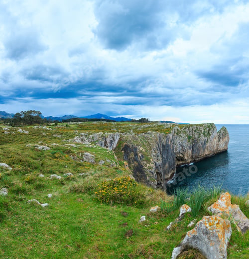 Preview: Bay Of Biscay Summer Rocky Coast View, Spain, Asturias, Near Camango. Two Shots Stitch Image.